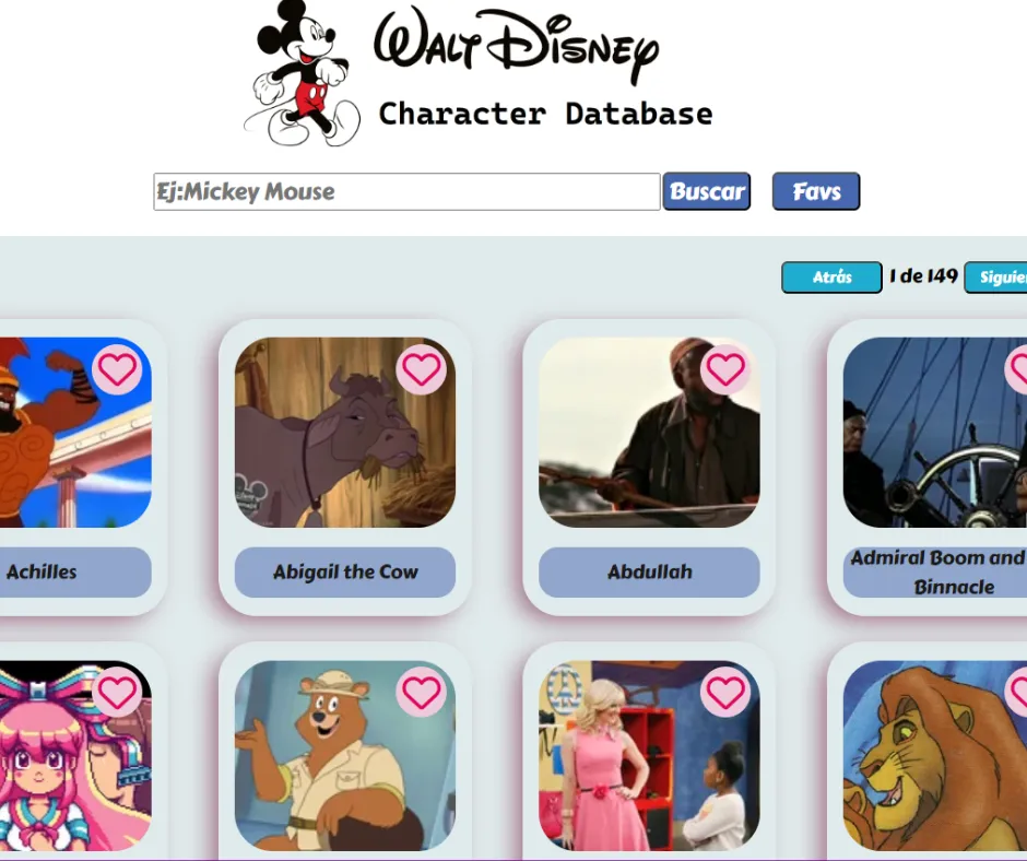 Captura de pantalla del proyecto Web Responsive donde almacenar todos tus personajes favoritos de Disney. 